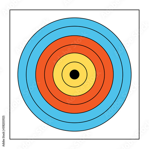 Target for shooting, blue, red, yellow. Archery sport equipment.