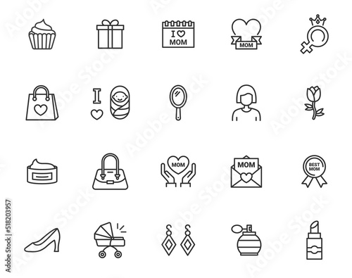 Mother woman day line icon set. Love mother day vector family mom beauty pregnant line icon.