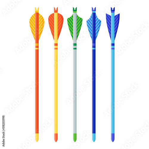 Multi colored arrows for a bow. Archery sport equipment. Summer games.