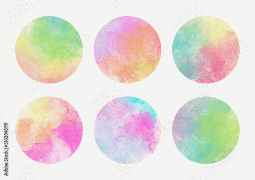 Circular watercolor frames. Wet paint texture. Frames for stickers, backgrounds, stationary decor and decoration for digital art and work.