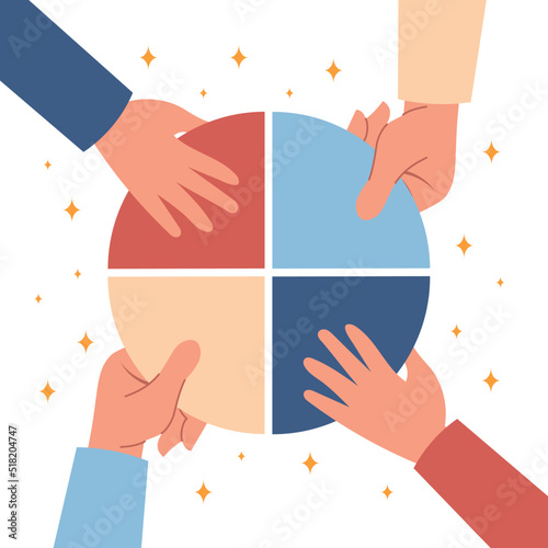 People picking chart parts. Hands put together diagram, metaphor of working with statistics, partnership. Colleagues working on one project, analytical department. Cartoon flat vector illustration