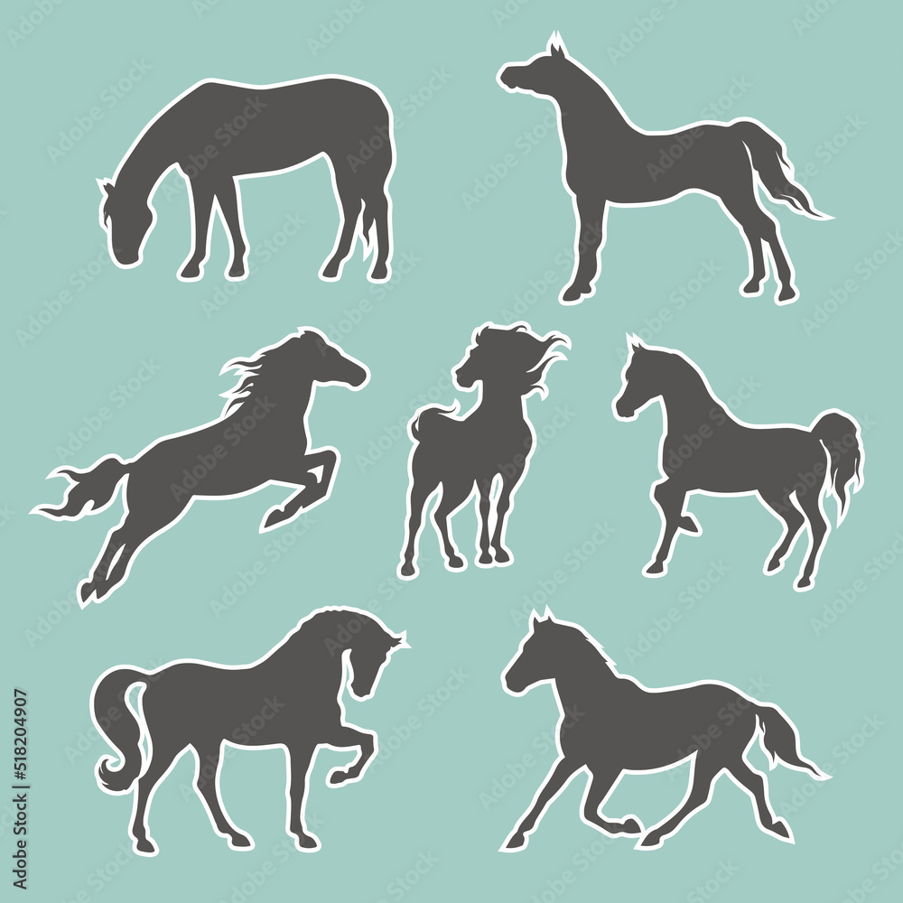 Gray horses sticker pack for design websites, applications or social network communication. Different dark stallions as stickers for web design.