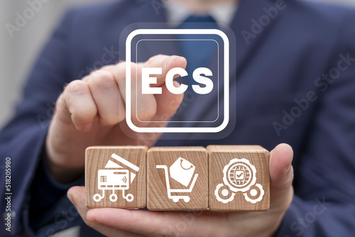 Concept of ECS Electronic Clearing Service. Clearing electronic technology of cashless payments between countries, companies, enterprises and banks for delivered, sold goods, securities and services.