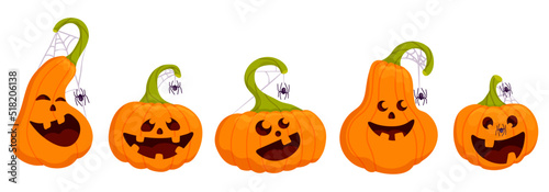 Set of colorful characters of smiling autumn pumpkins with spider and cobweb.Cartoon vector graphic.