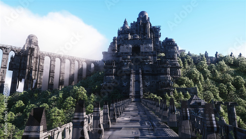 Fantasy fairy cyberpunk castle, palace in ocean. Postapocalypde concept. 3d rendering.