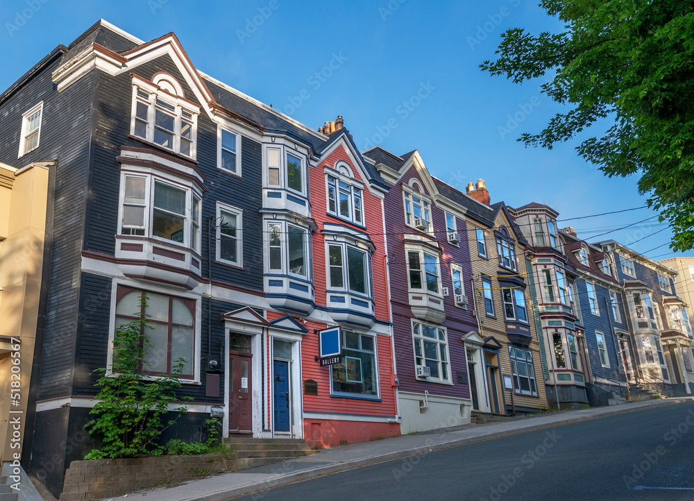 A row of colorful townhouses, commonly called jelly beans, in St. John’s