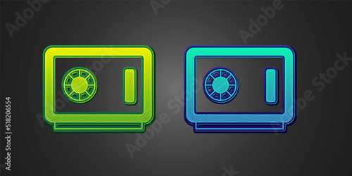 Green and blue Safe icon isolated on black background. The door safe a bank vault with a combination lock. Reliable Data Protection. Vector
