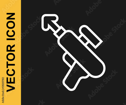 White line Fishing harpoon icon isolated on black background. Fishery manufacturers for catching fish under water. Diving underwater equipment. Vector