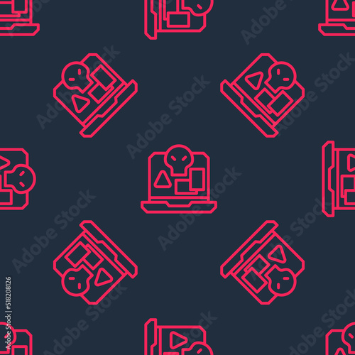 Red line Internet piracy icon isolated seamless pattern on black background. Online piracy. Cyberspace crime with file download and movies sharing. Vector