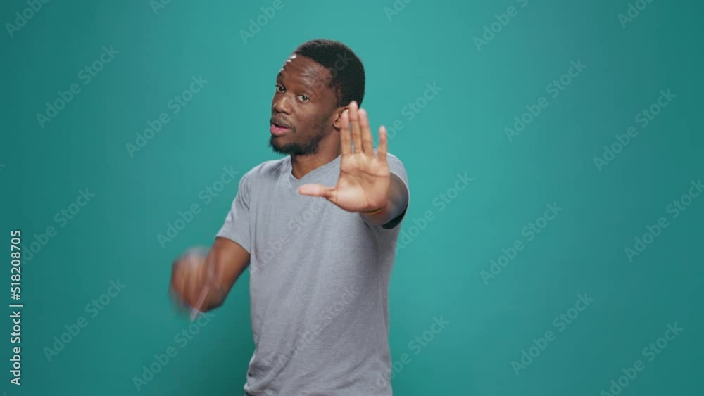 Refusing Hand Sign Portrait of person doing talk to the hand rejection gesture, expressing ...