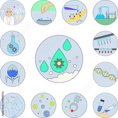 Biotechnology, water, gear, molecule in badge icon in a collection with other items