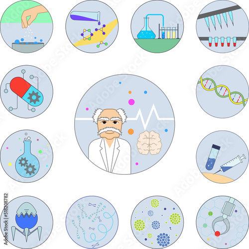 Biotechnology, scientist, brain in badge icon in a collection with other items