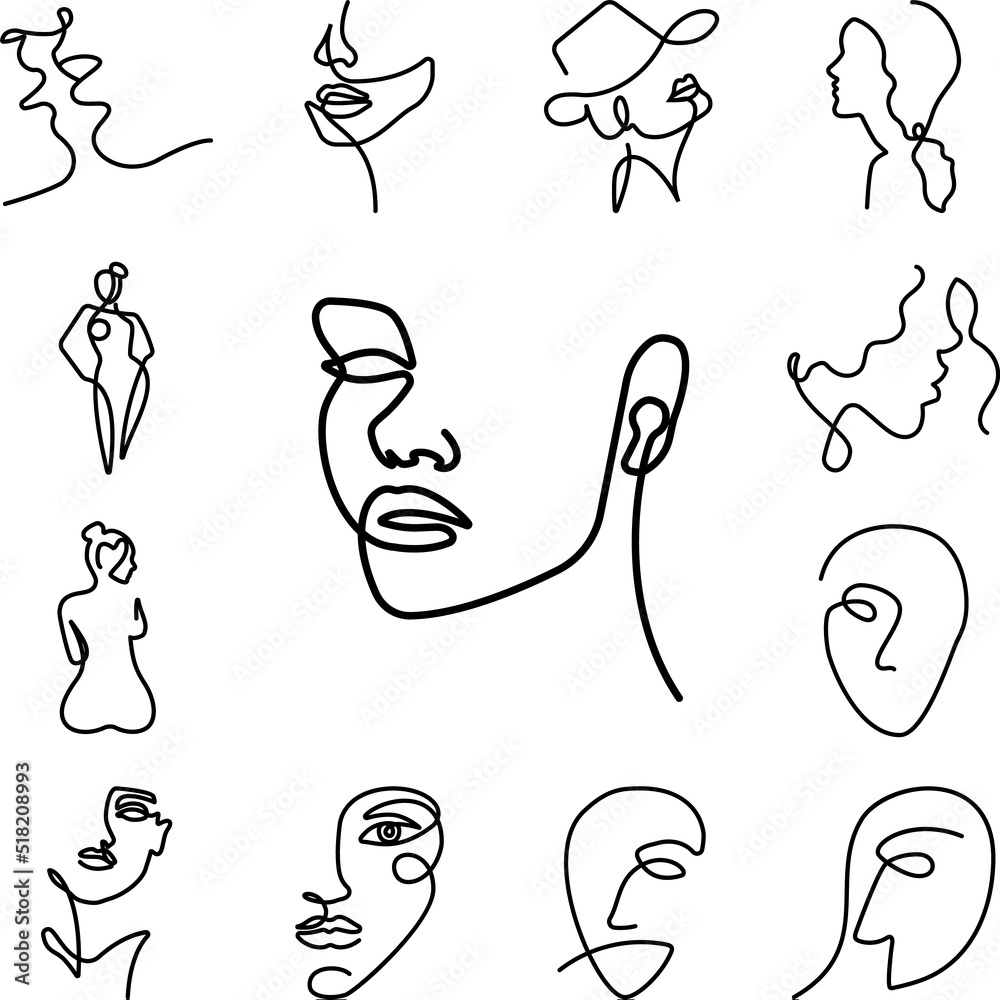 one line, face, woman icon in a collection with other items