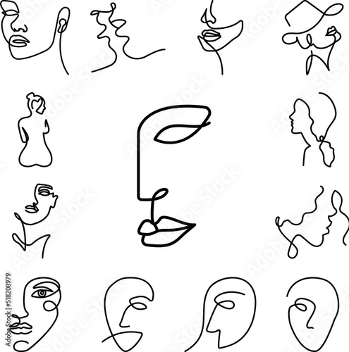 one line, face, woman icon in a collection with other items