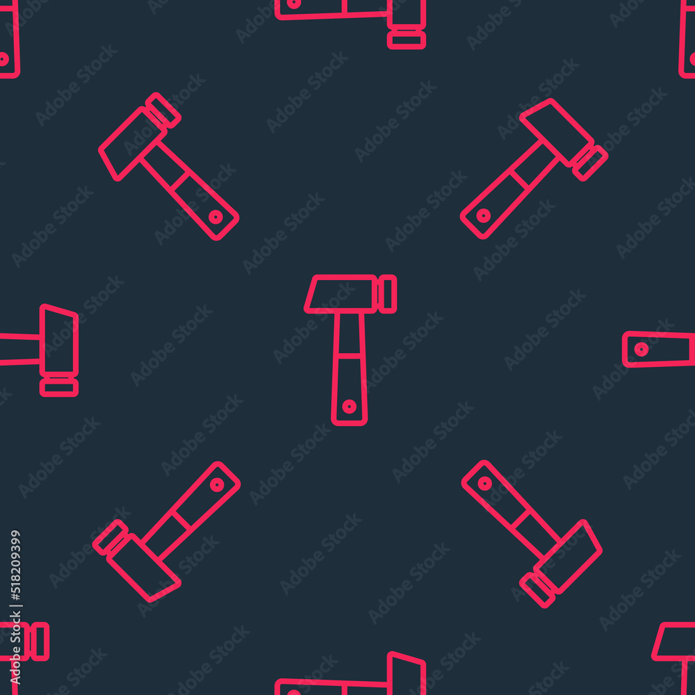 Red line Hammer icon isolated seamless pattern on black background. Tool for repair. Vector Red line Hammer icon isolated seamless pattern on black background. Tool for repair. Vector
