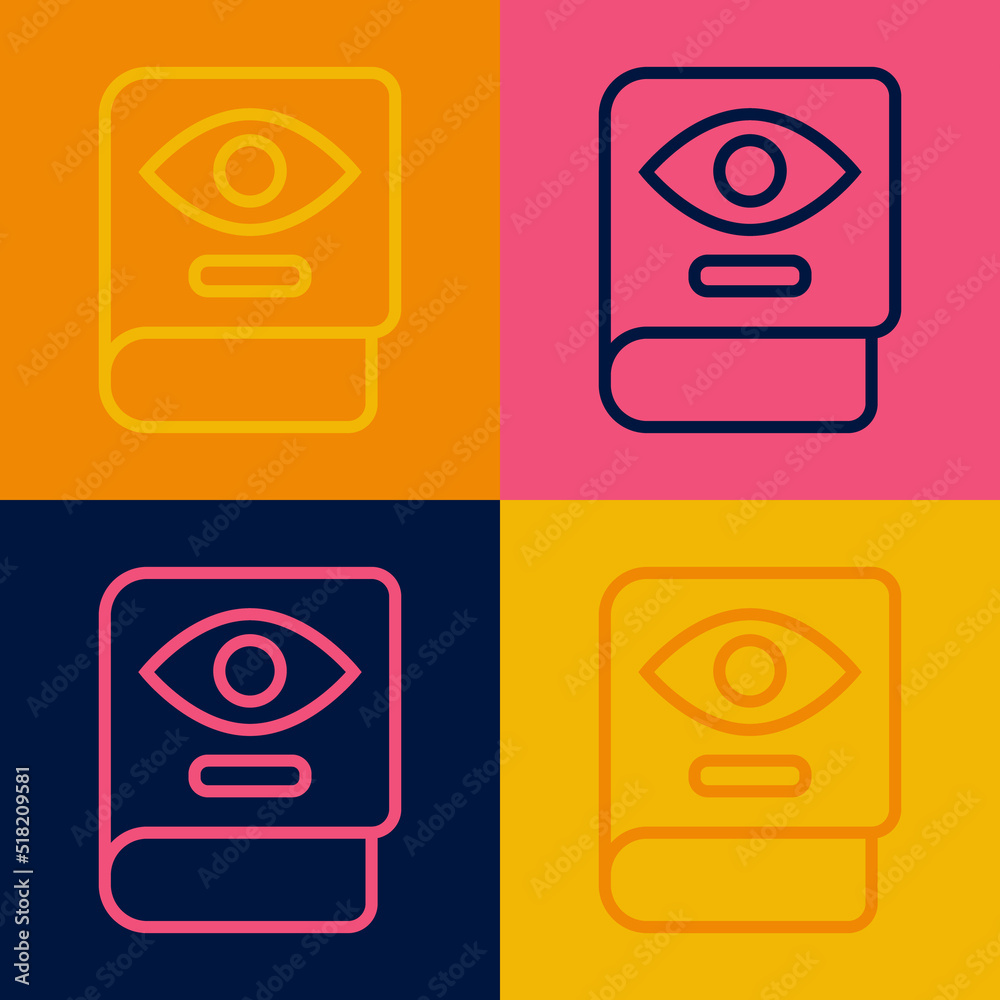 Pop art line Ancient magic book with alchemy recipes and mystic spells and enchantments icon isolated on color background. Vector Pop art line Ancient magic book with alchemy recipes and mystic spells and enchantments icon isolated on color background. Vector