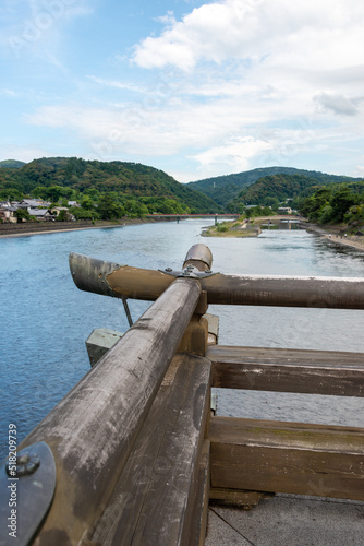 View of Uji bridge over Uji river in Uji, Kyoto, Japan