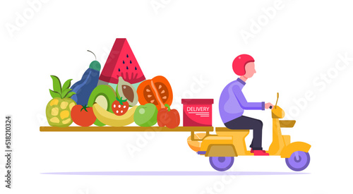Flat illustration. Healthy food ordering concept with delivery. Including watermelon, banana, pineapple, tomato, avocado. Fast delivery via mobile phone.