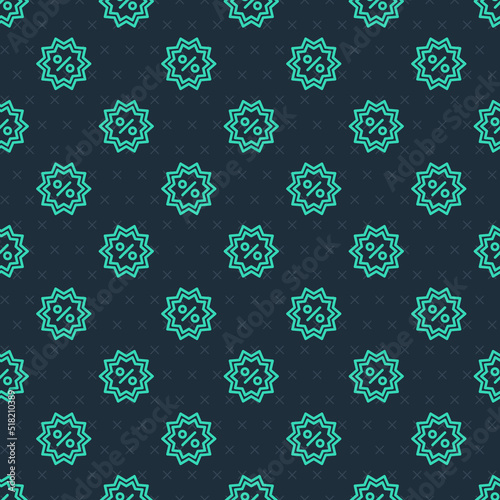 Green line Discount percent tag icon isolated seamless pattern on blue background. Shopping tag sign. Special offer sign. Discount coupons symbol. Vector