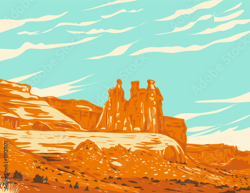 WPA poster art of Three Gossips sandstone tower atop a pedestal within Courthouse Towers cluster in Arches National Park in Moab, Utah, United States USA done in works project administration style.