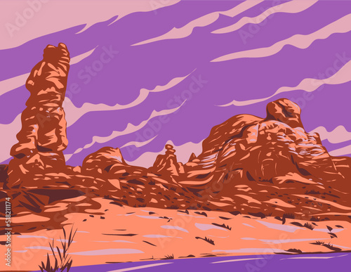 WPA poster art of Park Avenue Trail on Arches Entrance Road in Arches National Park located in Moab, Utah, United States USA done in works project administration style.