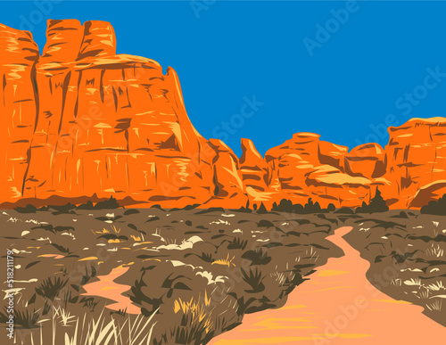 WPA poster art of Park Avenue Trail on Arches Entrance Road in Arches National Park located in Moab, Utah, United States USA done in works project administration style.