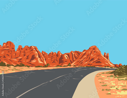 WPA poster art of Devils Garden Trail with rock fins and arches in Arches National Park located in Moab, Utah, United States USA done in works project administration style. photo
