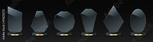 Award trophy set. Collection of awards for winners in competitions. Glass goblets and cups for rewarding, goal achievement and motivation. Realistic vector illustrations on transparent background