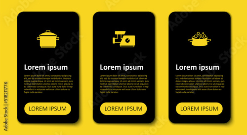 Set Cooking pot, Kitchen meat grinder and . Business infographic template. Vector