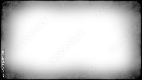Grunge empty film background frame with vignette border. Dirty distressed black and white vintage 8k 16:9 weathered old texture with copy space. Retro analog overlay template or backdrop 3D rendering.