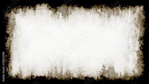 Grunge empty burnt edges background frame with vignette border. Dirty distressed sepia toned vintage 8k 16:9 weathered old paper texture with copy space. Retro overlay template backdrop 3D rendering.