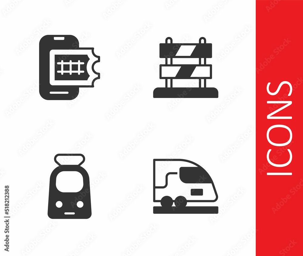 Set High-speed train, Online ticket booking, Train and railway and End of tracks icon. Vector Set High-speed train, Online ticket booking, Train and railway and End of tracks icon. Vector