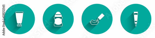 Set Cream or lotion cosmetic tube, Deodorant roll, Lip augmentation and icon with long shadow. Vector