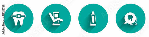 Set Teeth with braces, Medical dental chair, Tube of toothpaste and Tooth icon with long shadow. Vector
