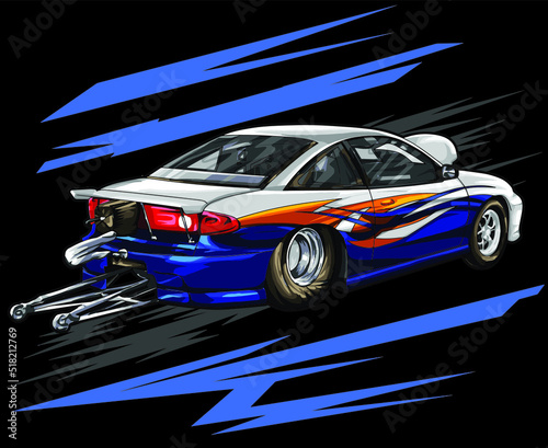 drag racing car on black background for poster, t-shirt print, business element, social media content, blog, sticker, vlog, and card. vector illustration.             