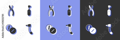Set Tooth drill, Dental pliers, Toothache painkiller tablet and Electric toothbrush icon. Vector