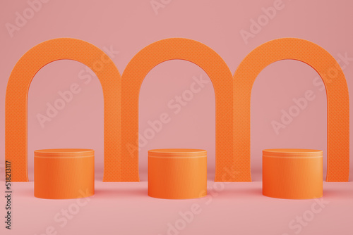 Abstract minimal pastel background. Orange cylindrical pedestals or podiums with arc shapes for product display