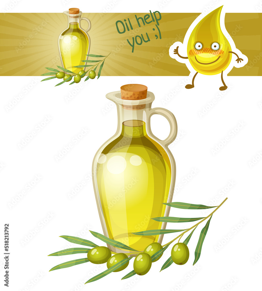 Cartoon olive oil bottle and olive tree branch for packaging design. Vector  icon of vegetable oil and cute oil drop character Stock Vector | Adobe Stock
