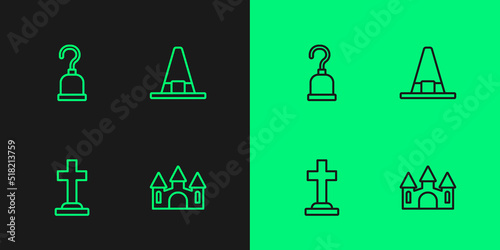 Set line Castle, Tombstone with cross, Pirate hook and Witch hat icon. Vector