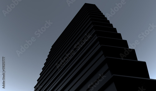 Black architectural design of a skyscraper in the dark on a gray background. High-rise geometric building futuristic.3D render.
