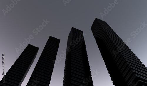 Black geometric silhouettes of skyscrapers on a gray sky background. Minimalistic square high gloomy dark skyscrapers. 3D render.