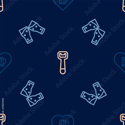 Set line Heart with glass of beer, Glass and Bottle opener on seamless pattern. Vector