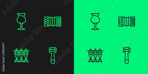 Set line Bottle opener, Dried fish, Glass of beer and Accordion icon. Vector