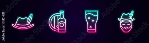 Set line Oktoberfest hat, Beer bottle and wooden barrel, Glass of beer and man. Glowing neon icon. Vector