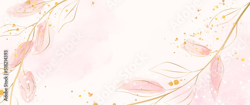 Abstract luxury art background with tree leaves in gold line. Hand drawn watercolor banner for invitation design, wallpaper, decor, print.