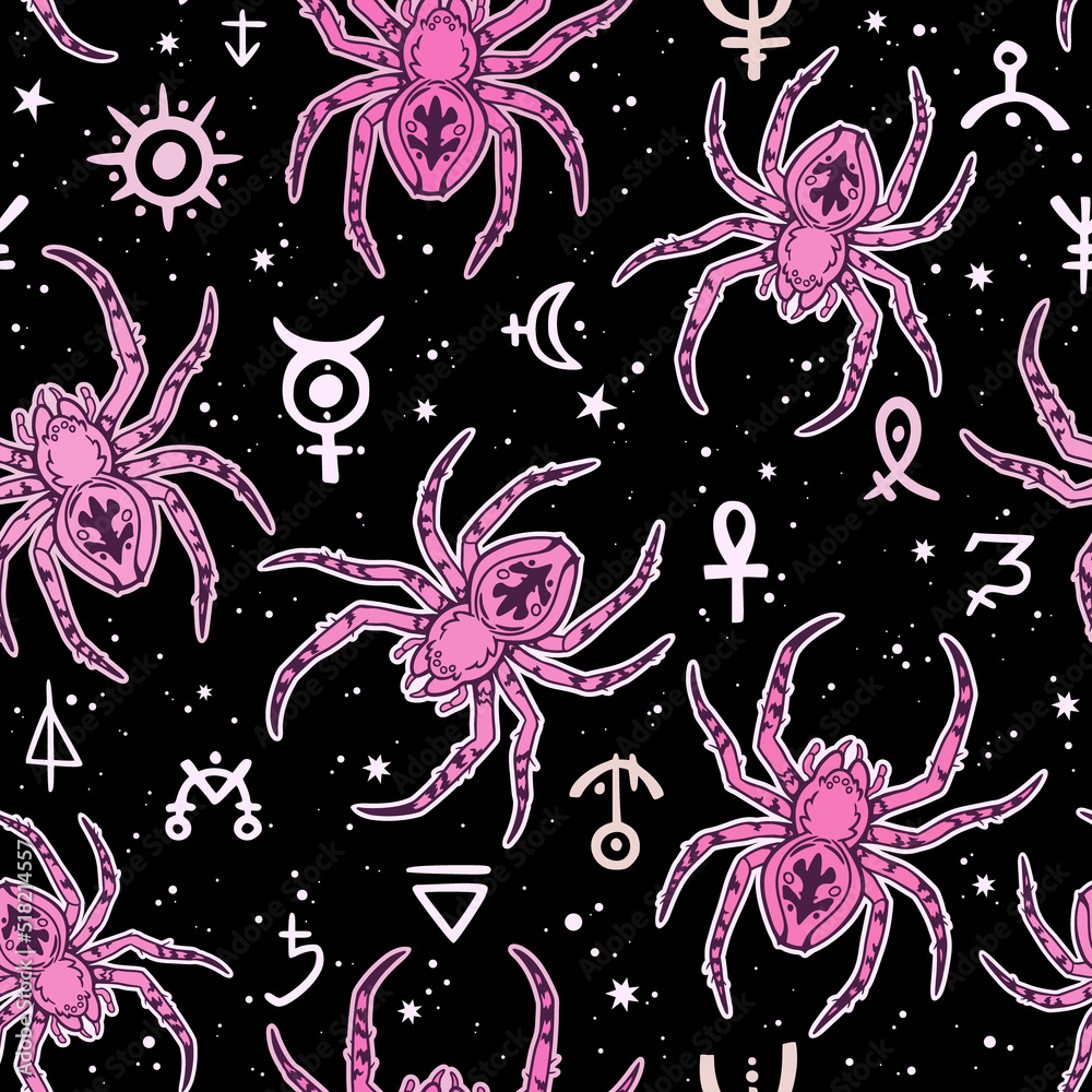 mystical seamless pattern of spiders and magical symbols