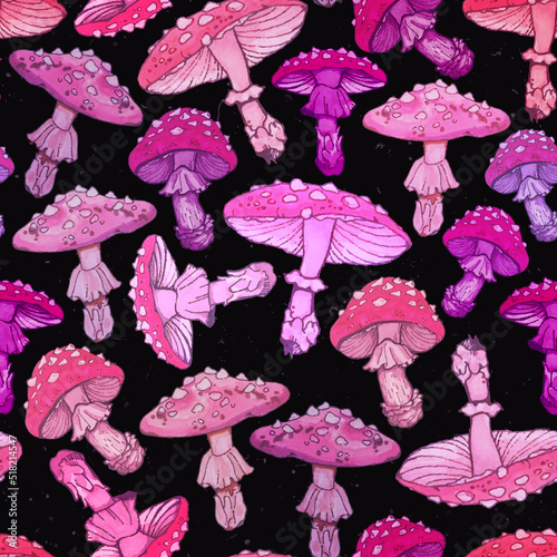 bright seamless pattern of hand-drawn fly agarics