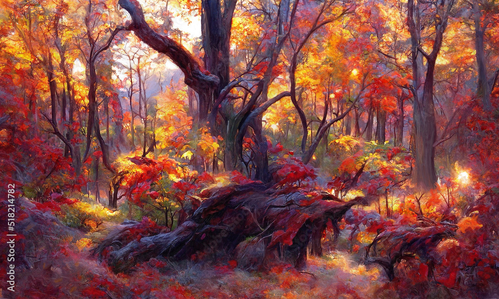 Oil painting of a beautiful vibrant autumn forest in the morning Oil painting of a beautiful vibrant autumn forest in the morning