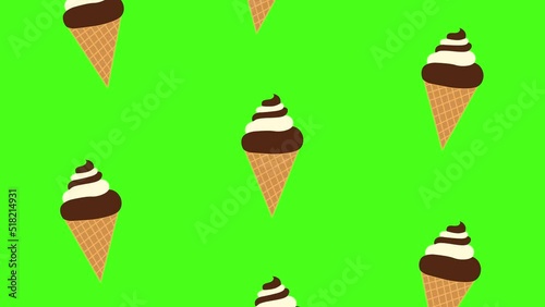 Ice cream falling from the sky with green screen background. Seamless video, ice cream animation. Abstract animation of animated ice cream falling on the screen