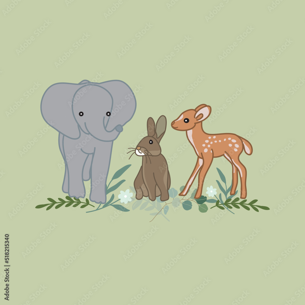baby animal cartoon elephant, deer, rabbit free vector Stock Vector ...